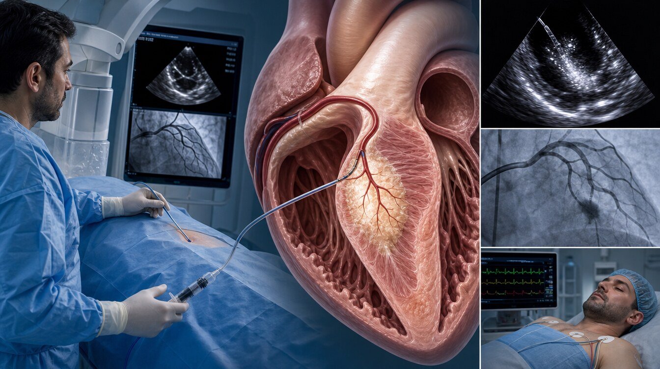 Hedef septal perforatöre etanol verilen alkol septal ablasyonu işlemi ve miyokardiyal kontrast görüntüleme