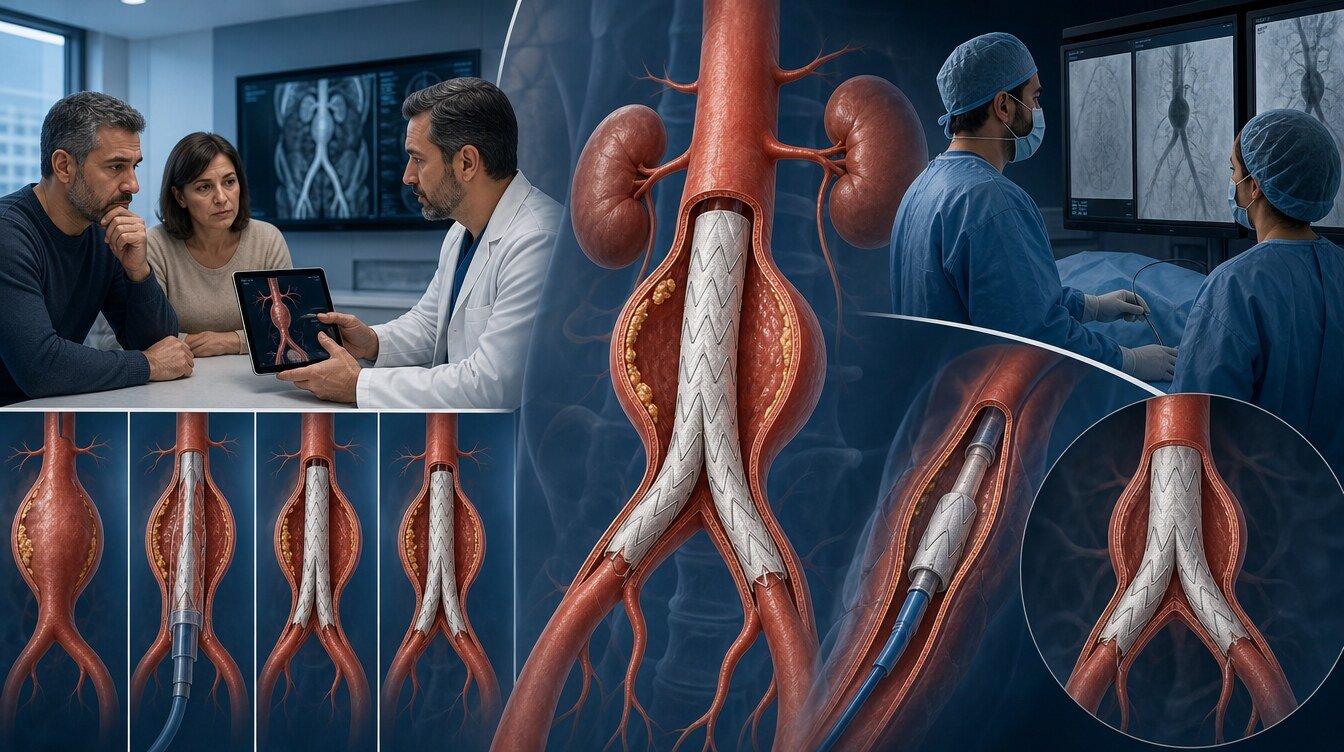 Aort ekibinin görüntüleme üzerinden EVAR, TEVAR ve açık cerrahi seçeneklerini hastayla değerlendirmesi ve stent-greft yerleştirme adımları
