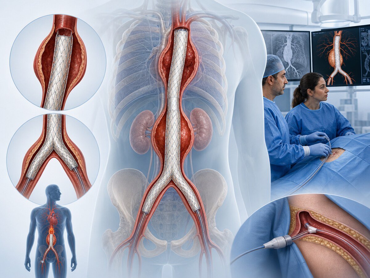 Kasık girişi ve karın aort anevrizmasına yerleştirilmiş stent-greft ile endovasküler aort onarımının şematik görünümü