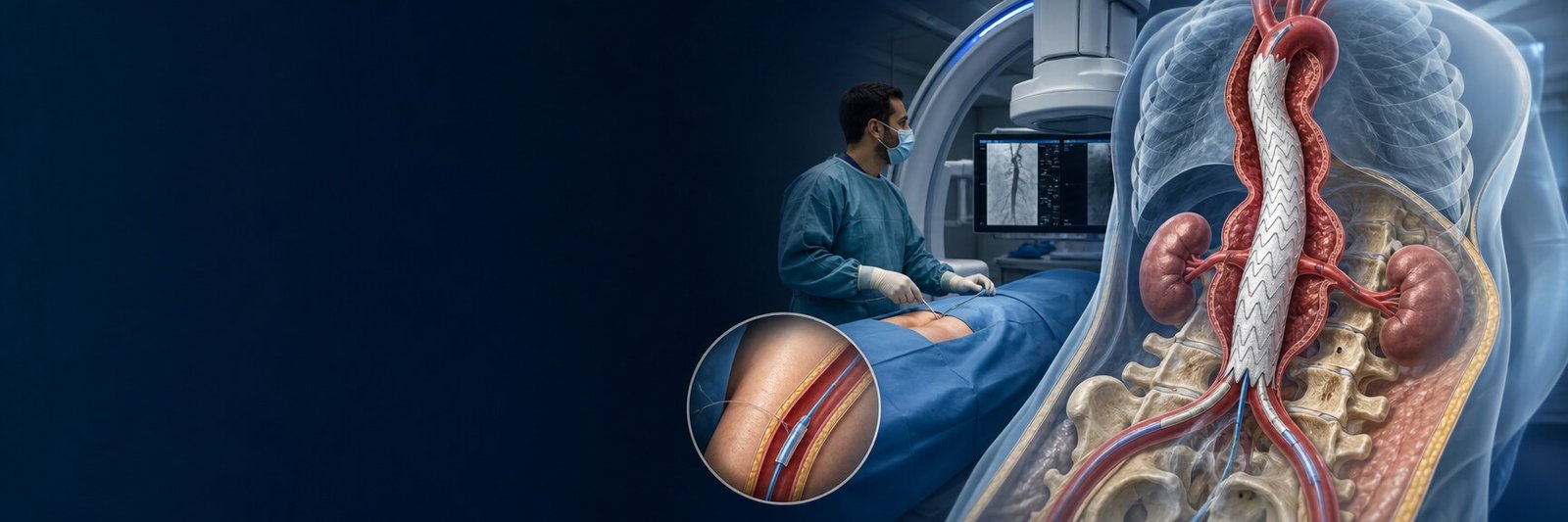 Kasık girişi ve karın aort anevrizmasına yerleştirilmiş stent-greft ile endovasküler aort onarımının şematik görünümü