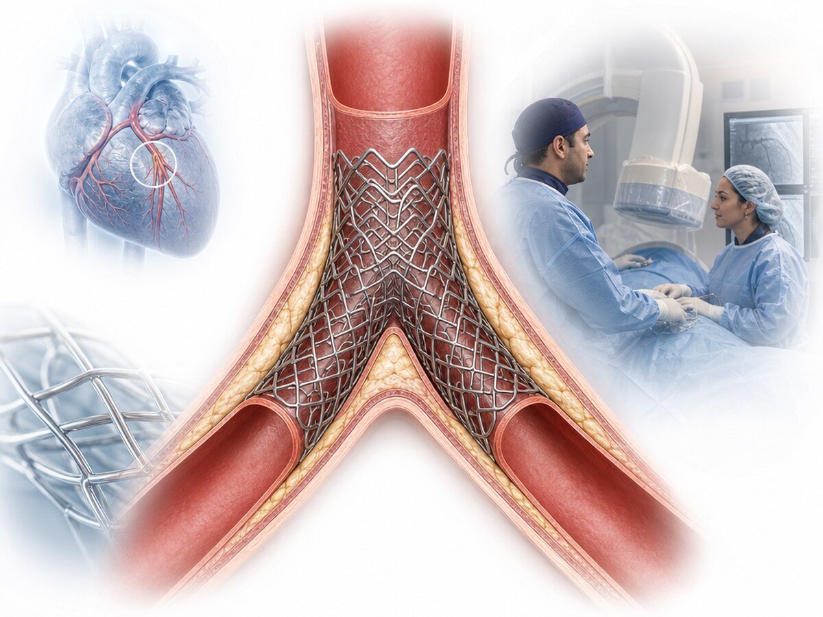 Culotte tekniğinde her iki dal ağzını örten iki stent ve proksimal çift metal katmanının şeması