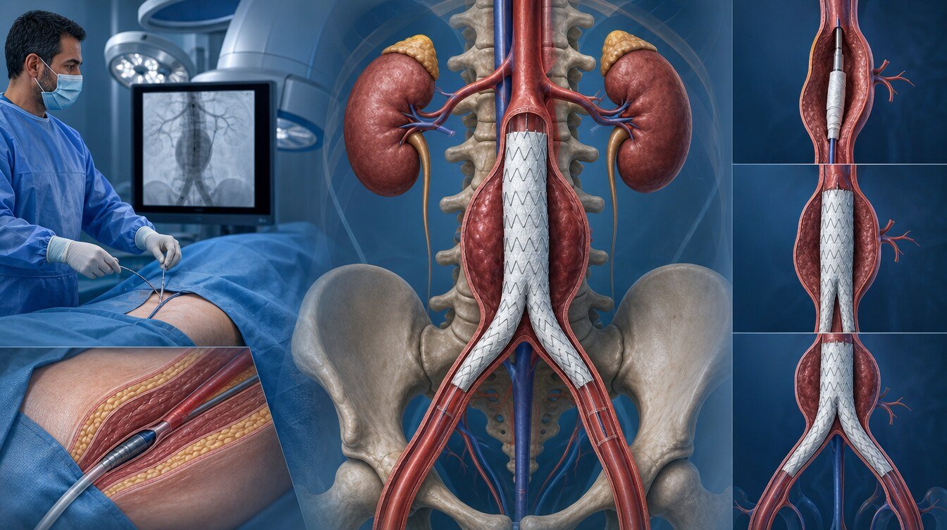 Kasık damarından kateterle ilerletilen çatallı stent-greftin karın aort anevrizmasına yerleştirilmesi