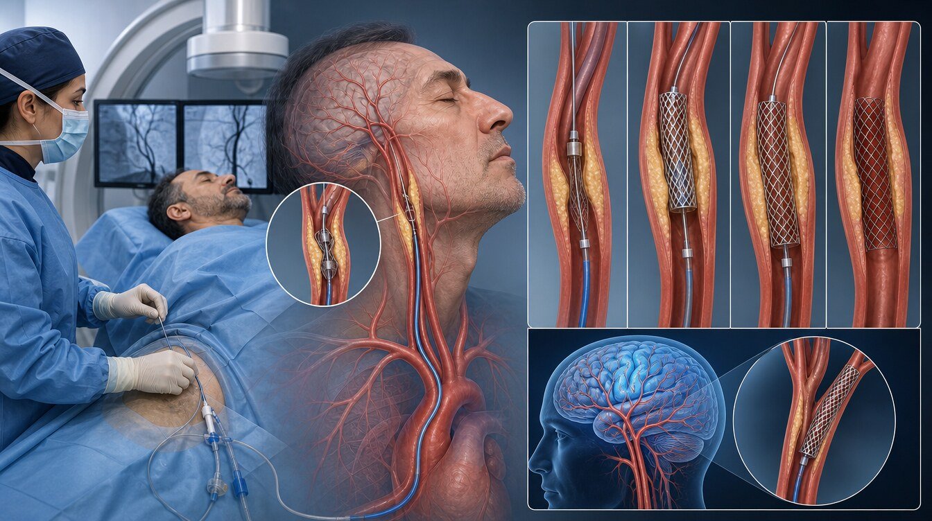 Kasık yoluyla karotis stentlemede kateter, emboli koruma ve stent yerleştirme adımları