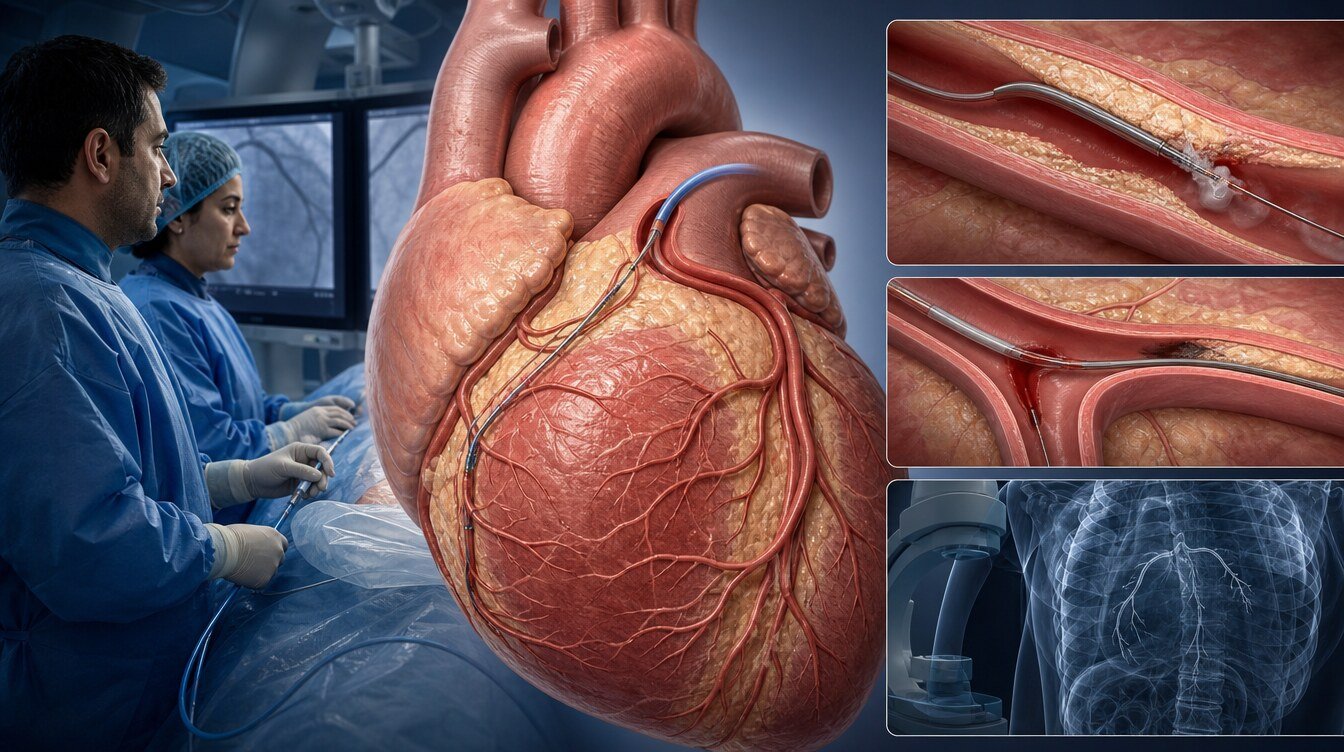 CTO PCI’de perforasyon, donör damar hasarı ve kontrast-radyasyon risklerinin şematik özeti