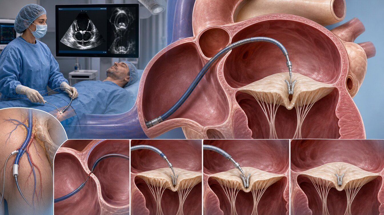 MitraClip işleminde kasık toplardamarından transseptal geçişle mitral kapağa ulaşılıp yaprakçıkların yaklaştırılması