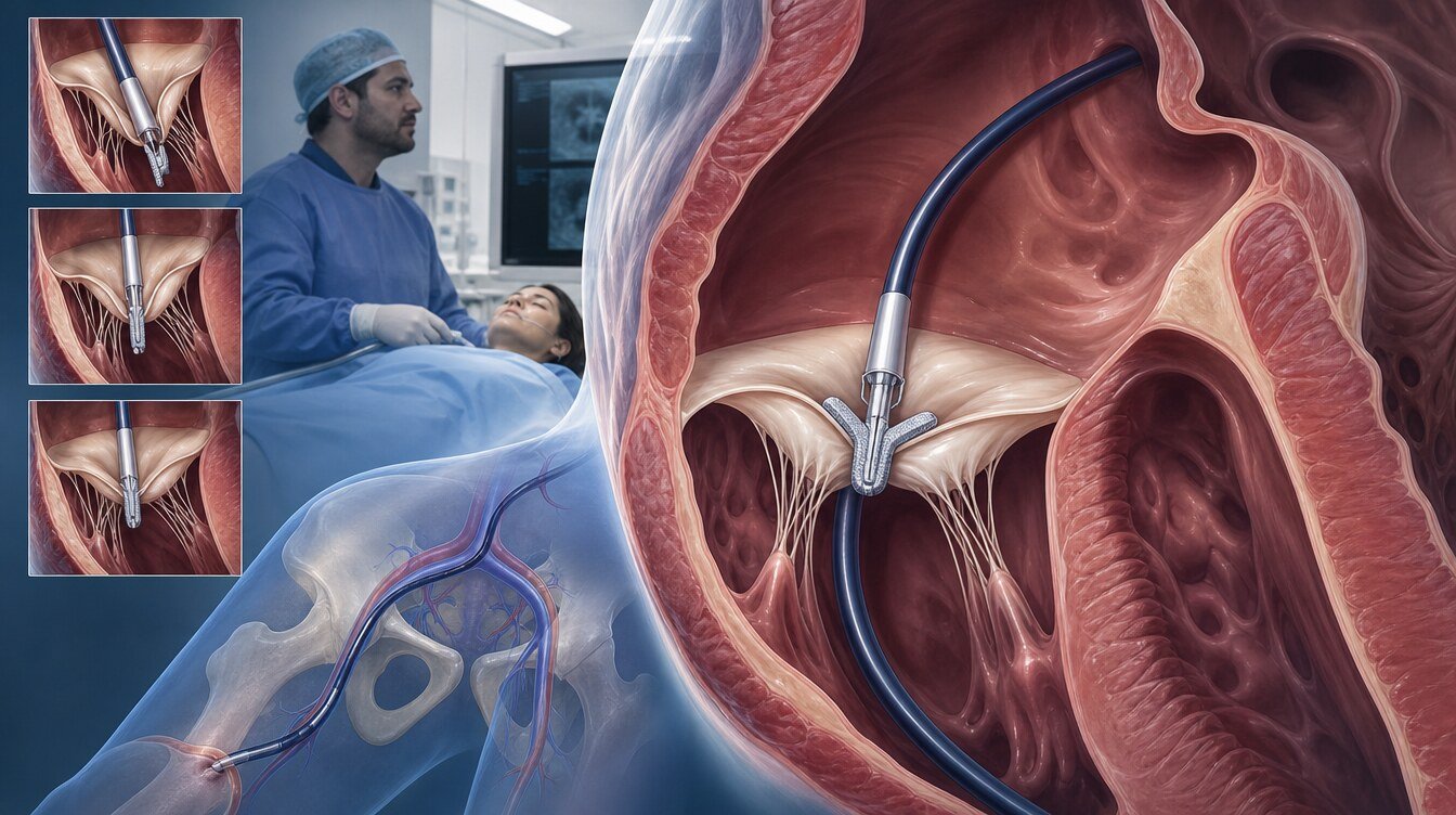 TriClip işleminde femoral venden triküspit kapağa ulaşılıp yaprakçıkların yaklaştırılması